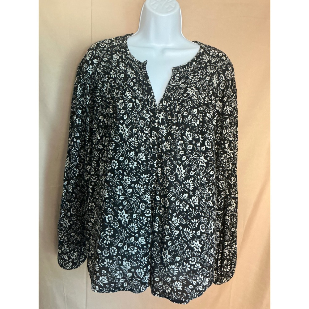 Old Navy Blouse Women Large Black White Excellent Floral Split Neck Long Sleeve